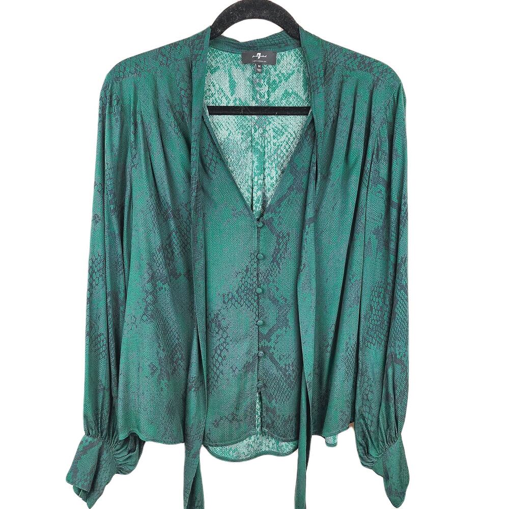 7 For All Mankind Women's Size M Snake Print Tie Neck Long Sleeves Green Blouse